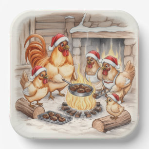 Christmas Chickens Roasting Chestnuts, Plates
