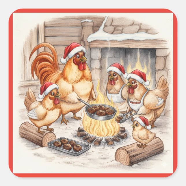 Christmas Chickens Roasting Chestnuts, Stickers (Front)