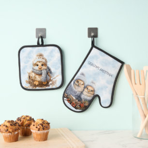 Christmas Chicks Dressed In Blue Oven Mitt & Pot Holder Set