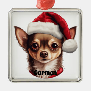 CHRISTMAS CHIHUAHUA DOG WITH SANTA HAT METAL ORNAMENT