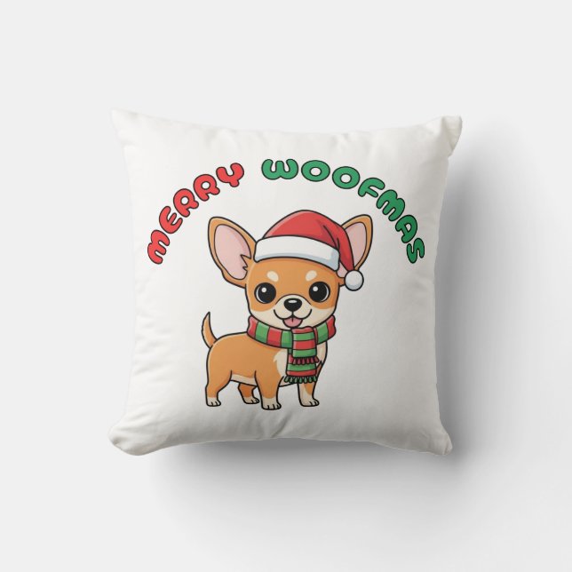 Christmas Chihuahua Pillow: Merry Woofmas Cushion (Front)