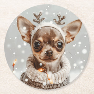 Christmas Chihuahua Reindeer Dog Round Paper Coaster