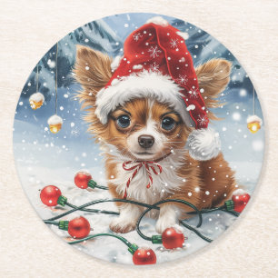 Christmas Chihuahua Santa Dog Round Paper Coaster
