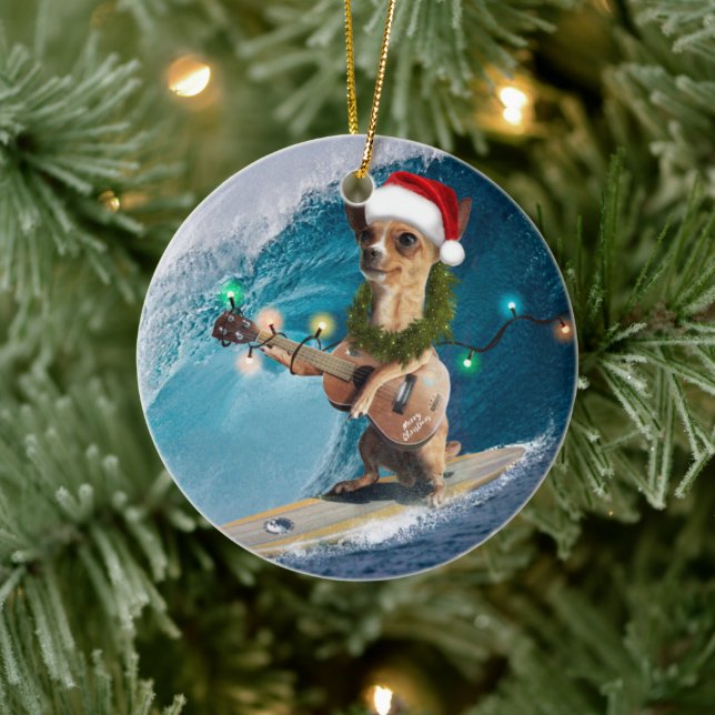 Christmas Chihuahua Surfing Ceramic Ornament (Tree)