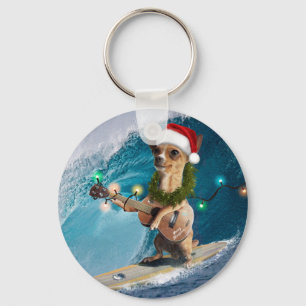 Christmas Chihuahua Surfing Key Ring