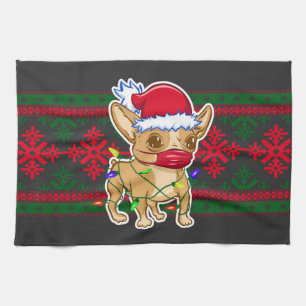 Christmas chihuahua wearing a medical mask tea towel