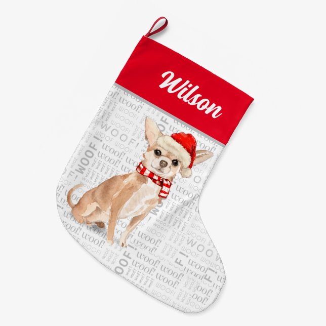 Christmas Chihuahua with Dog's Name Large Christmas Stocking (Front (Hanging))