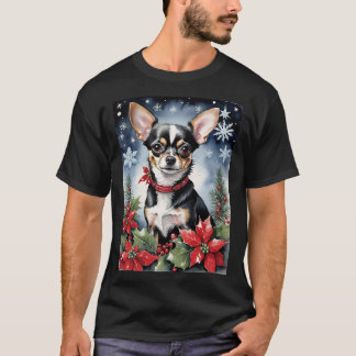 Christmas Chihuahua With Poinsettias & Snowflakes T-Shirt