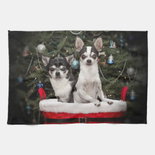 Christmas Chihuahua's in a red basket Tea Towel
