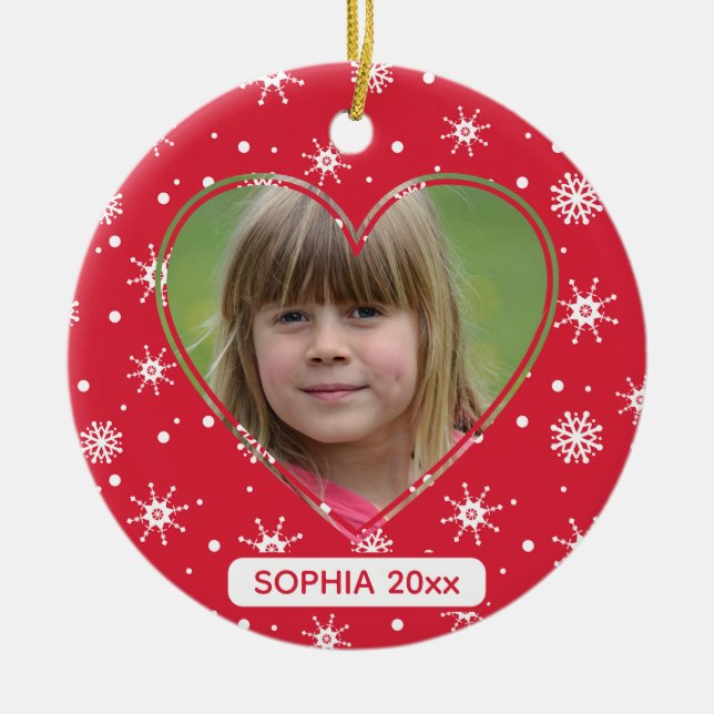 Christmas Child Photo Cute Red Snowflake Ceramic Ornament (Front)