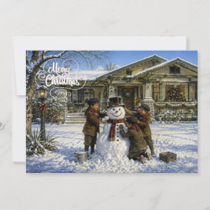 Christmas Children building a snowman Holiday Card