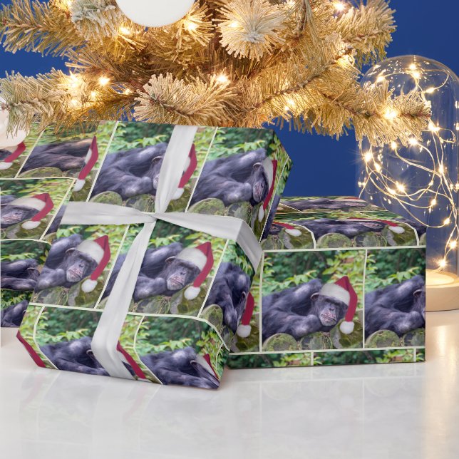 Christmas Chimpanzee with a Santa Hat Wrapping Paper (Holidays)