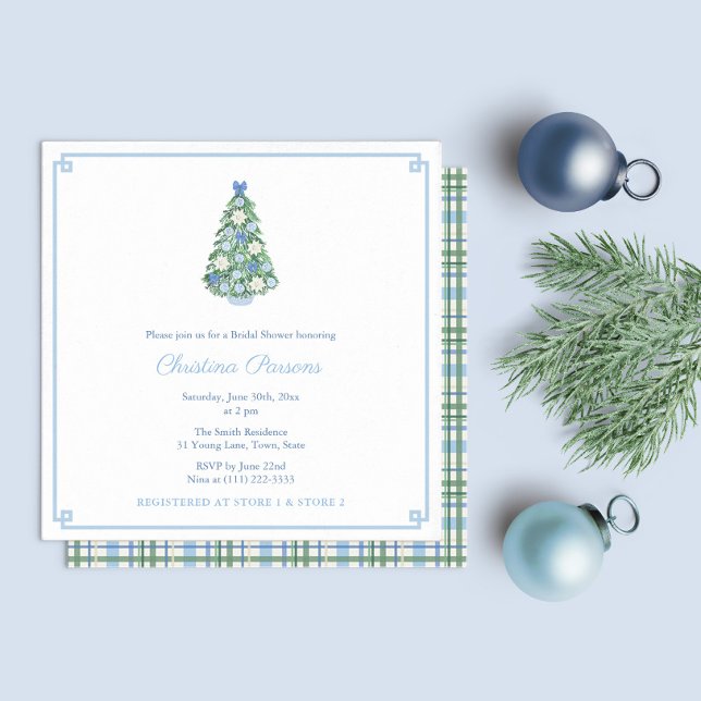 Christmas Chinoiserie Chic Bridal Shower Party Invitation (Pale Blue White Chinoiserie Holidays Tree Bridal Shower Party Invitation With Tartan Plaid Backer)