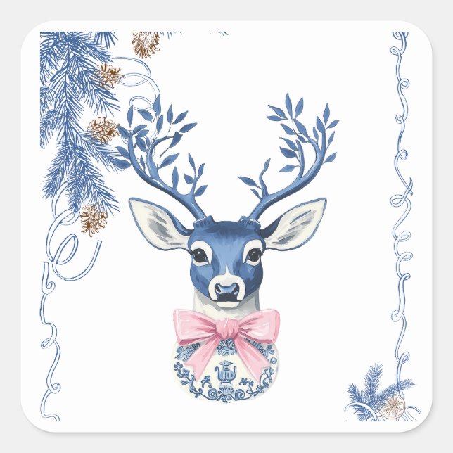 Christmas Chinoiserie Deer Square Sticker (Front)