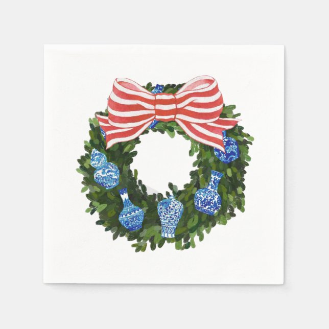 Christmas Chinoiserie Wreath, Ginger Jar Holiday Napkin (Front)