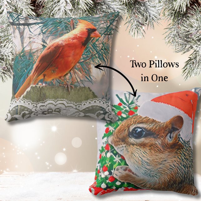 Christmas Chipmunk and Red Cardinal Holiday Cushion (This cute, double-sided Christmas throw pillow features a beautiful cardinal and cute chipmunk. )