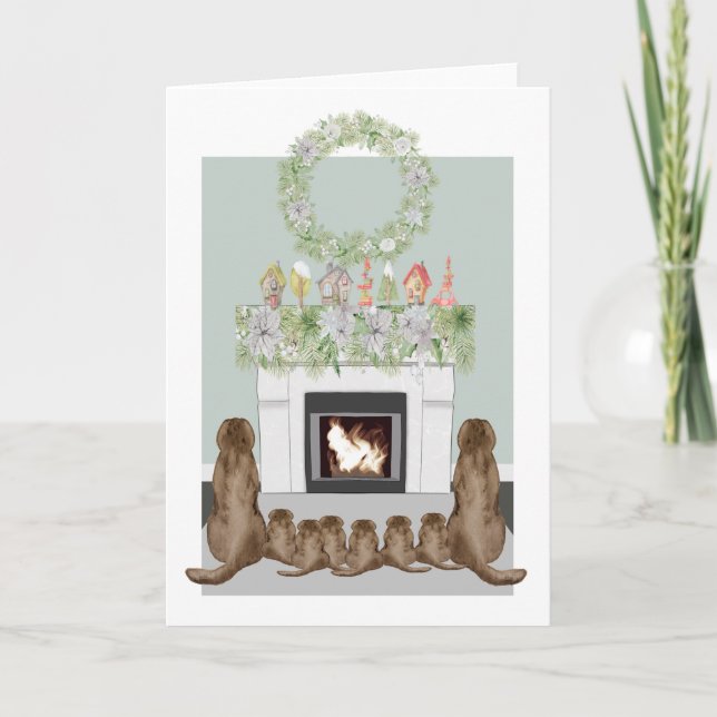 Christmas Choc Labrador Family Fireplace Scene Card (Front)
