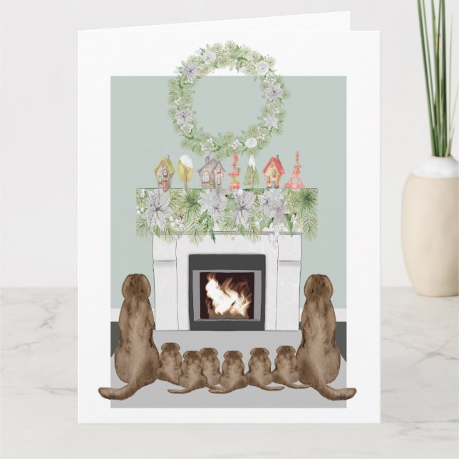 Christmas Choc Labrador Family Fireplace Scene Card (Front)