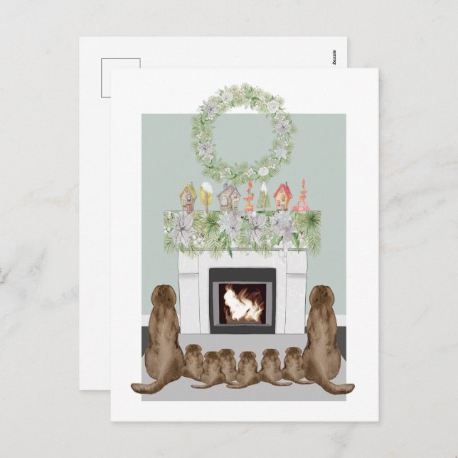 Christmas Choc Labrador Family Fireplace Scene Holiday Postcard (Front/Back)