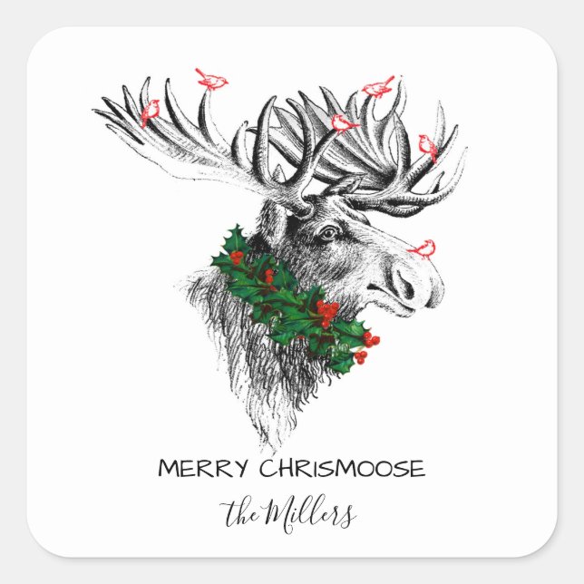Christmas Chrismoose Moose Birds and Holly Sticker (Front)