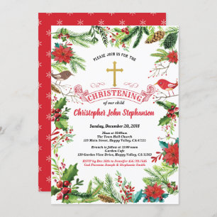 Christmas Christening invitation. Red white gold Invitation