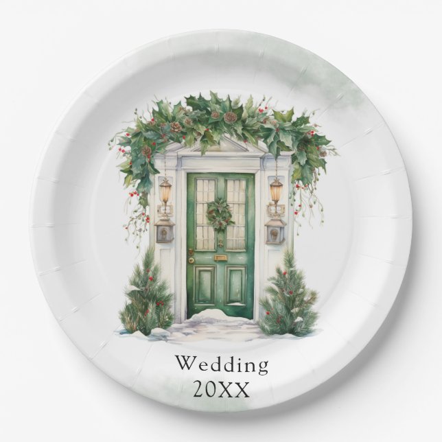Christmas Church Door Winter Scene Wedding Paper Plate (Front)