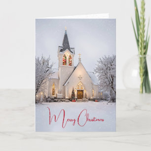 Christmas Church In Snowflakes Holiday Card
