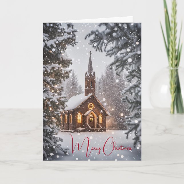 Christmas Church In Snowflakes Holiday Card (Front)