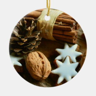 Christmas Cinnamon Sticks and Stars Ceramic Ornament