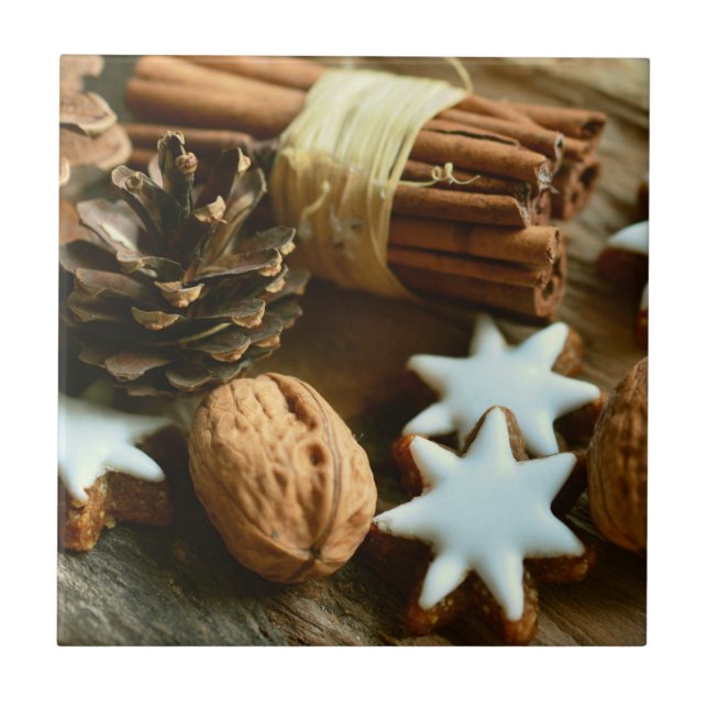 Christmas Cinnamon Sticks and Stars Ceramic Tile (Front)