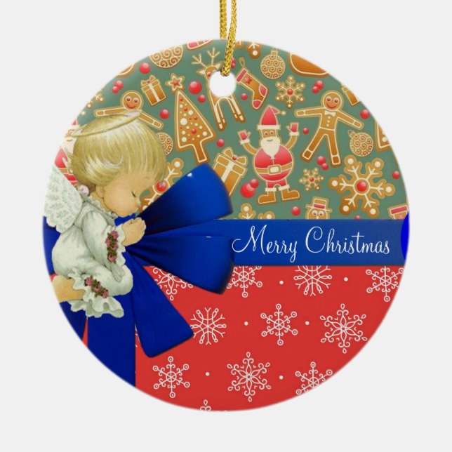 Christmas Circle Ornament, Angel Ceramic Ornament (Front)