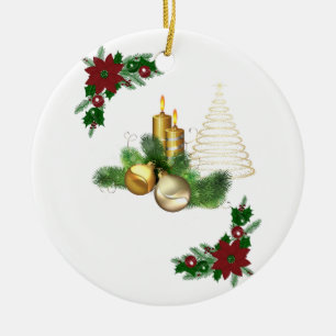 Christmas Circle Ornament, Christmas Candle Ceramic Ornament