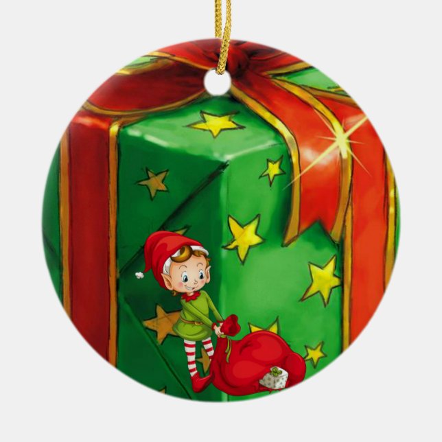 Christmas Circle Ornament, Elf Ceramic Ornament (Front)