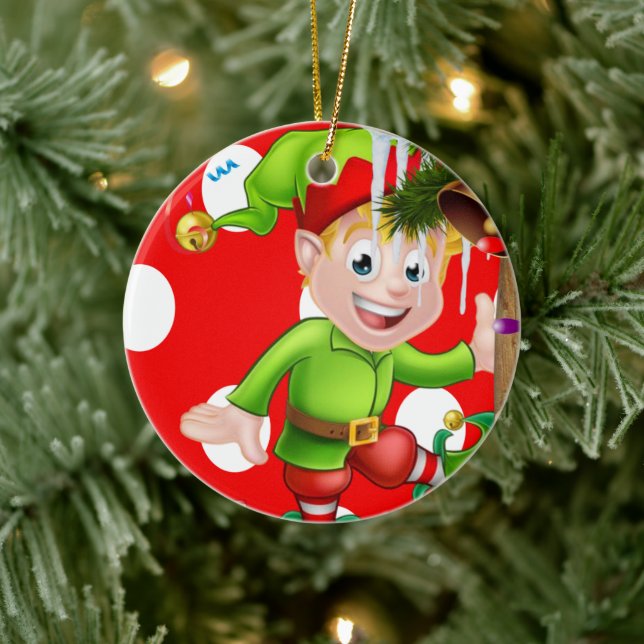 Christmas Circle Ornament, Elf Ceramic Ornament (Tree)