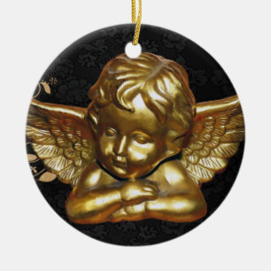 Christmas Circle Ornament, Gold Angel Ceramic Ornament