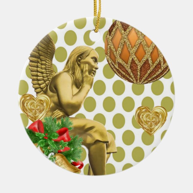 Christmas Circle Ornament, Gold Angel Ceramic Ornament (Front)