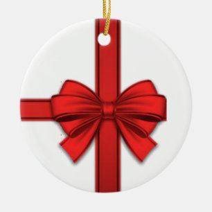 Christmas Circle Ornament, Red Bow Ceramic Ornament