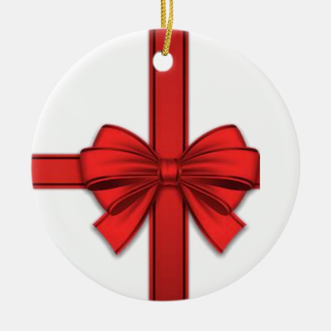 Christmas Circle Ornament, Red Bow Ceramic Ornament (Front)