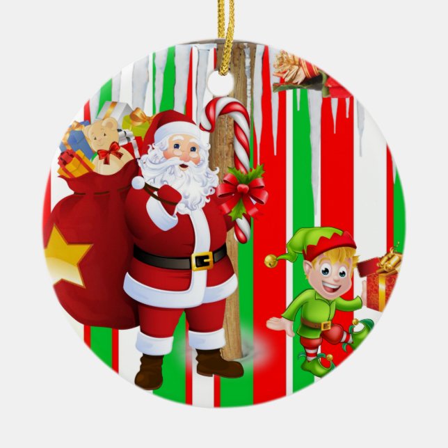Christmas Circle Ornament, Santa Elf Ceramic Ornament (Front)