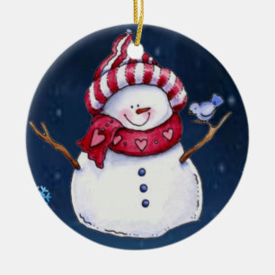 Christmas Circle Ornament, Snowman Ceramic Ornament