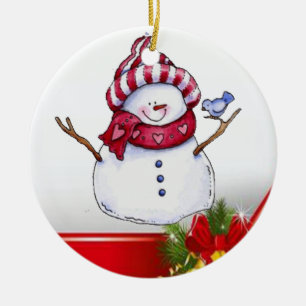 Christmas Circle Ornament, Snowman Ceramic Ornament
