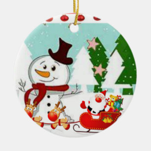 Christmas Circle Ornament, Snowman Ceramic Ornament