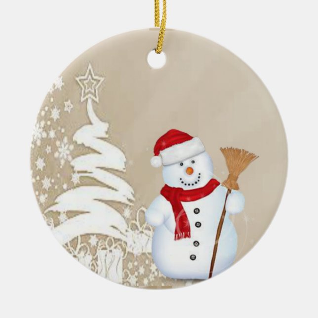 Christmas Circle Ornament, Snowman Ceramic Ornament (Front)