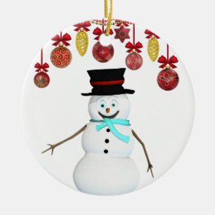 Christmas Circle Ornament, Snowman Ceramic Ornament