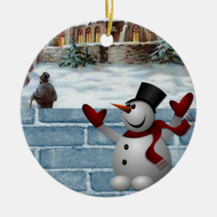 Christmas Circle Ornament, Snowman Ceramic Ornament