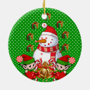 Christmas Circle Ornament, Snowman Elf Ceramic Ornament