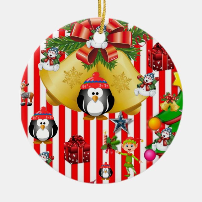 Christmas Circle Ornament, Snowman Penguin Ceramic Ornament (Front)