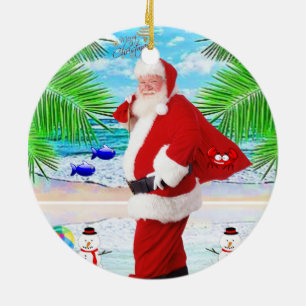 Christmas Circle Ornament, Summer Beach Bum Santa Ceramic Ornament
