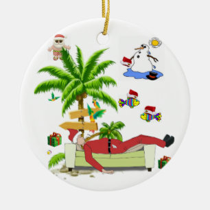 Christmas Circle Ornament, Summer Beach Bum Santa Ceramic Ornament
