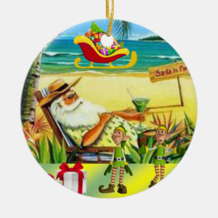 Christmas Circle Ornament, Summer Beach Santa Ceramic Ornament